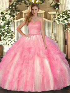 Decent Sweetheart Sleeveless Sweet 16 Dresses Floor Length Ruffles Rose Pink Organza