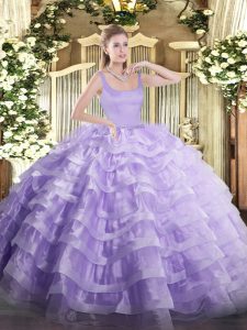 Wonderful Lavender Ball Gowns Organza Straps Sleeveless Beading and Ruffled Layers Floor Length Zipper Vestidos de Quinceanera