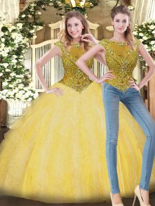 Yellow Ball Gowns Beading and Ruffles Sweet 16 Quinceanera Dress Zipper Tulle Sleeveless Floor Length