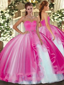 Sexy Sleeveless Floor Length Beading Lace Up Quinceanera Dress with Hot Pink