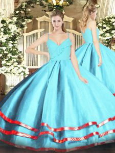 Floor Length Aqua Blue Quinceanera Gown Organza Sleeveless Ruffled Layers