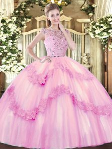 Rose Pink Ball Gowns Bateau Sleeveless Tulle Floor Length Zipper Beading and Appliques Quinceanera Dress