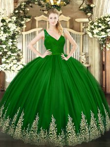 Colorful Green Backless V-neck Beading and Lace and Appliques 15 Quinceanera Dress Tulle Sleeveless