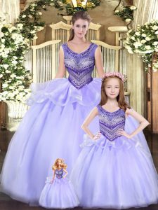 Lavender Tulle Lace Up 15 Quinceanera Dress Sleeveless Floor Length Beading and Ruching