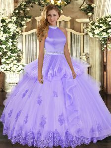 Lavender Tulle Backless Halter Top Sleeveless Floor Length Sweet 16 Dress Beading and Ruffles