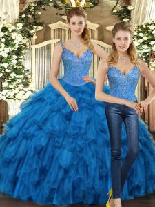 Teal Sleeveless Organza Lace Up Quinceanera Gowns for Military Ball and Sweet 16 and Quinceanera
