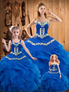 Graceful Blue Tulle Lace Up Sweetheart Sleeveless Floor Length Vestidos de Quinceanera Embroidery