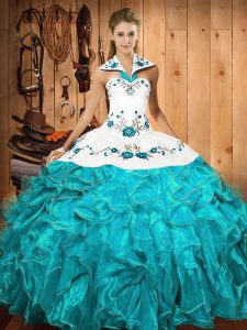 Simple Halter Top Sleeveless Lace Up Quince Ball Gowns Aqua Blue Satin and Organza