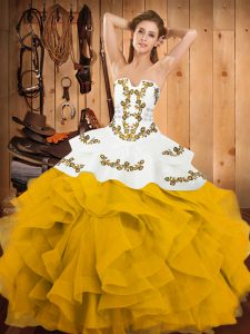 Superior Sleeveless Satin and Organza Floor Length Lace Up Ball Gown Prom Dress in Yellow And White with Embroidery and Ruffles