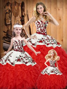Best Selling White And Red Lace Up Quince Ball Gowns Embroidery and Ruffles Sleeveless Floor Length