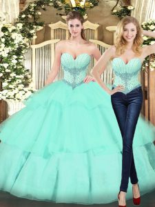 Cheap Sleeveless Lace Up Floor Length Beading and Ruffled Layers Quince Ball Gowns