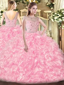 Latest Tulle Bateau Sleeveless Zipper Beading and Ruffles Quinceanera Gown in Rose Pink