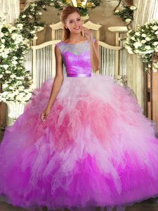 Scoop Sleeveless Organza Quince Ball Gowns Lace and Ruffles Backless