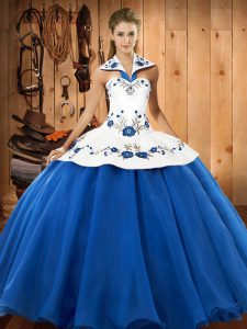 Floor Length Lace Up Quinceanera Dress Blue And White for Military Ball and Sweet 16 and Quinceanera with Embroidery