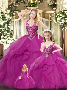 Clearance Fuchsia Ball Gowns Beading and Ruffles Quinceanera Gowns Lace Up Organza Sleeveless Floor Length