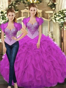 Straps Sleeveless Lace Up 15th Birthday Dress Fuchsia Tulle
