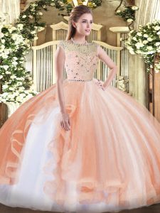 Superior Floor Length Zipper Quinceanera Dress Peach for Military Ball and Sweet 16 and Quinceanera with Beading and Ruffles