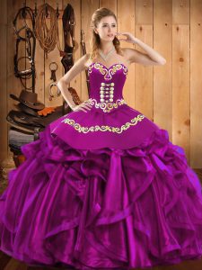 Beauteous Sleeveless Satin and Organza Floor Length Lace Up Quinceanera Gown in Fuchsia with Embroidery and Ruffles