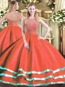 Red Ball Gowns Tulle Halter Top Sleeveless Beading Floor Length Zipper Ball Gown Prom Dress