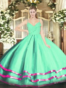 Dynamic Floor Length Zipper Sweet 16 Dresses Apple Green for Military Ball and Sweet 16 and Quinceanera with Ruffled Layers