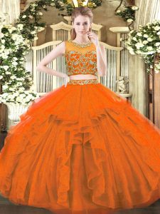 Top Selling Sleeveless Floor Length Beading and Ruffles Zipper 15 Quinceanera Dress with Rust Red