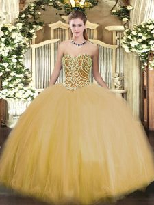 Affordable Gold Sweetheart Lace Up Beading Quinceanera Dresses Sleeveless