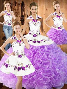 Sleeveless Floor Length Embroidery Lace Up Sweet 16 Dress with Lilac