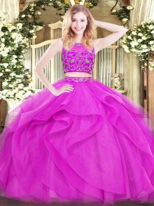 Sleeveless Tulle Floor Length Zipper Ball Gown Prom Dress in Fuchsia with Beading and Ruffles