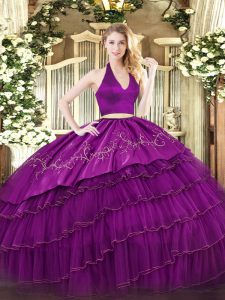 Great Halter Top Sleeveless Organza and Taffeta Quince Ball Gowns Embroidery and Ruffled Layers Zipper