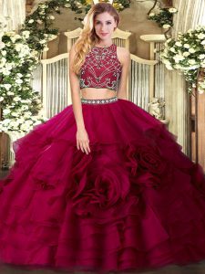Fuchsia Two Pieces High-neck Sleeveless Tulle Floor Length Zipper Beading and Ruffled Layers Quince Ball Gowns