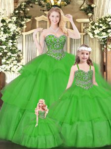 Great Green Sleeveless Floor Length Beading and Ruffled Layers Lace Up Quinceanera Dresses