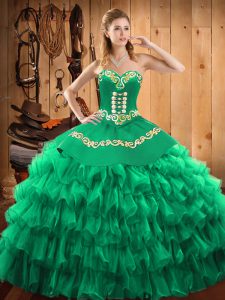 Colorful Green Halter Top Neckline Embroidery and Ruffled Layers Quinceanera Dresses Sleeveless Lace Up