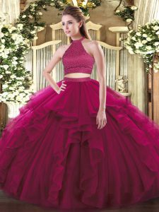 Fuchsia 15 Quinceanera Dress Military Ball and Sweet 16 and Quinceanera with Beading and Ruffles Halter Top Sleeveless Backless