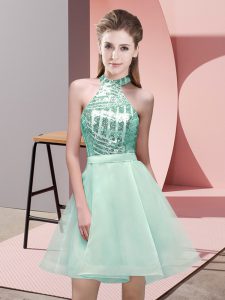 Apple Green A-line Chiffon Halter Top Sleeveless Sequins Mini Length Backless Damas Dress