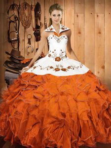 Satin and Organza Halter Top Sleeveless Lace Up Embroidery and Ruffles Sweet 16 Dresses in Orange Red