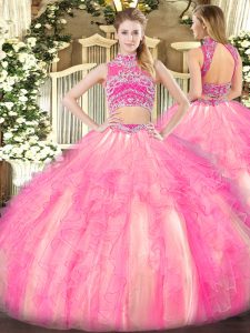 Ideal Watermelon Red and Rose Pink Sleeveless Tulle Backless Sweet 16 Dresses for Military Ball and Sweet 16 and Quinceanera