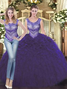 Purple Tulle Lace Up Quinceanera Gowns Sleeveless Floor Length Beading and Ruffles