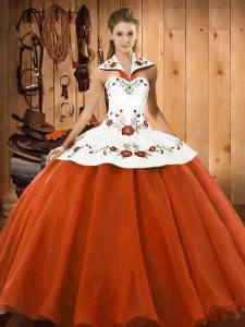 Unique Orange Red Lace Up 15th Birthday Dress Embroidery Sleeveless Floor Length