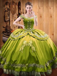 Olive Green Ball Gowns Beading and Embroidery Quinceanera Gowns Lace Up Satin and Organza Sleeveless Floor Length