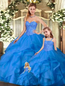 Tulle Sweetheart Sleeveless Lace Up Beading and Ruffles Ball Gown Prom Dress in Blue