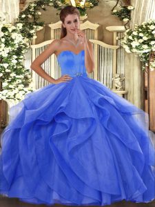 Blue Sleeveless Floor Length Beading and Ruffles Lace Up Quinceanera Dresses