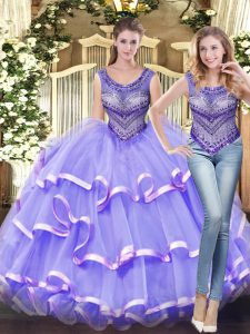 Lavender Scoop Neckline Beading and Ruffled Layers 15th Birthday Dress Sleeveless Lace Up