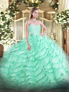 Exquisite Lace Up Quince Ball Gowns Apple Green for Military Ball and Sweet 16 and Quinceanera with Beading and Ruffled Layers Brush Train