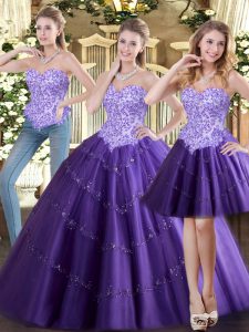 Fine Purple Tulle Lace Up Sweetheart Sleeveless Floor Length Vestidos de Quinceanera Beading