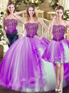 Flare Strapless Sleeveless Tulle Quinceanera Gown Beading Lace Up