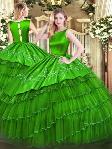 Custom Fit Green Scoop Clasp Handle Embroidery and Ruffled Layers Quinceanera Dress Sleeveless