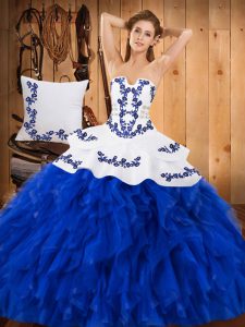 Extravagant Blue And White Lace Up Strapless Embroidery and Ruffles Sweet 16 Dress Satin and Organza Sleeveless