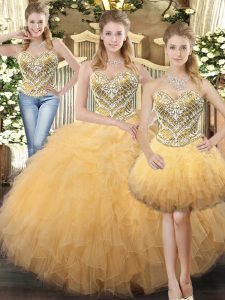 Ball Gowns 15th Birthday Dress Gold Sweetheart Tulle Sleeveless Floor Length Lace Up