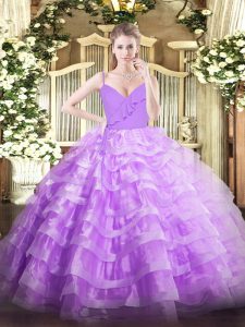 Lavender Ball Gowns Organza Spaghetti Straps Sleeveless Ruffled Layers Floor Length Zipper 15th Birthday Dress