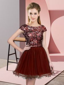 Wine Red A-line Scoop Cap Sleeves Tulle Mini Length Zipper Sequins Dama Dress